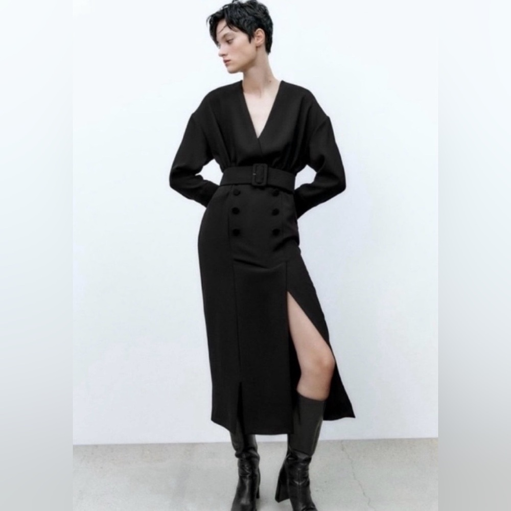 Zara Black Tuxedo V‑Neck Midi Dress with Belt and Front Slit Kentucky Derby 🐎